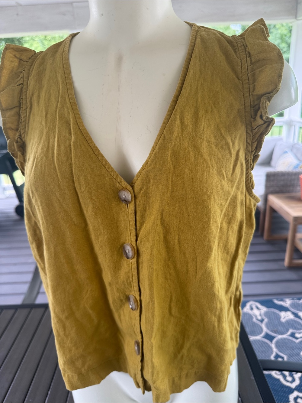 Madewell Linen Mustard Ruffle-Sleeve Button Front Tank Size 6